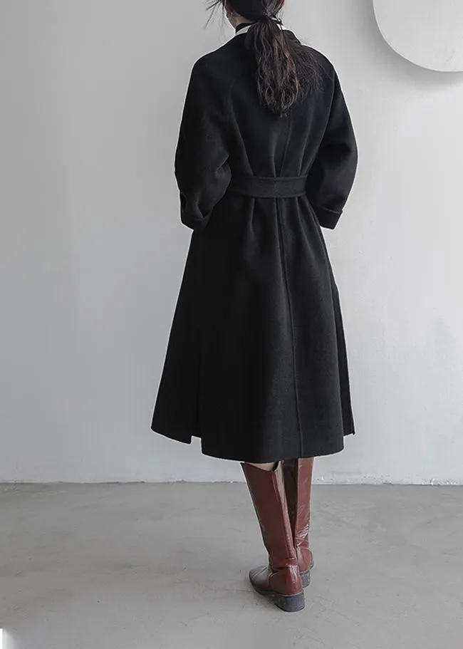 Zelene Black Wrap Belted Wool Blend Long Coat