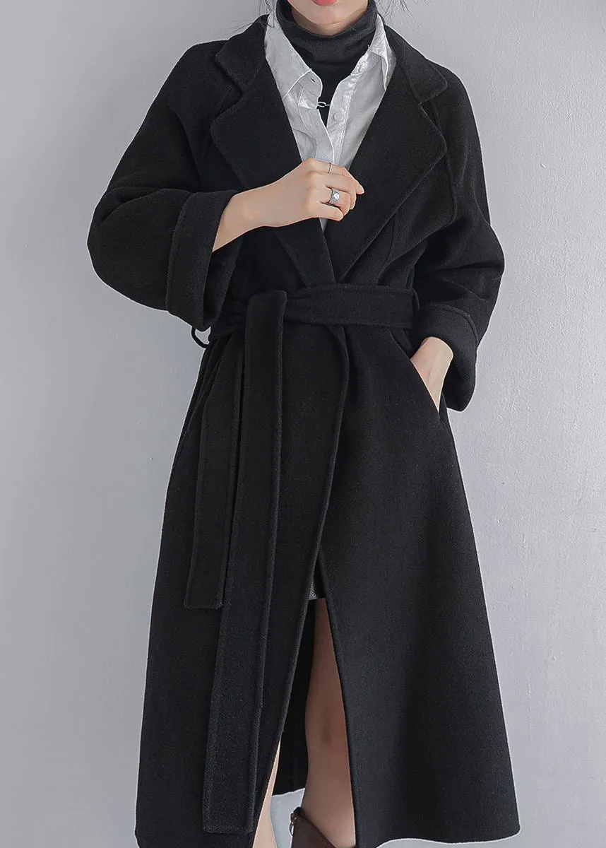 Zelene Black Wrap Belted Wool Blend Long Coat